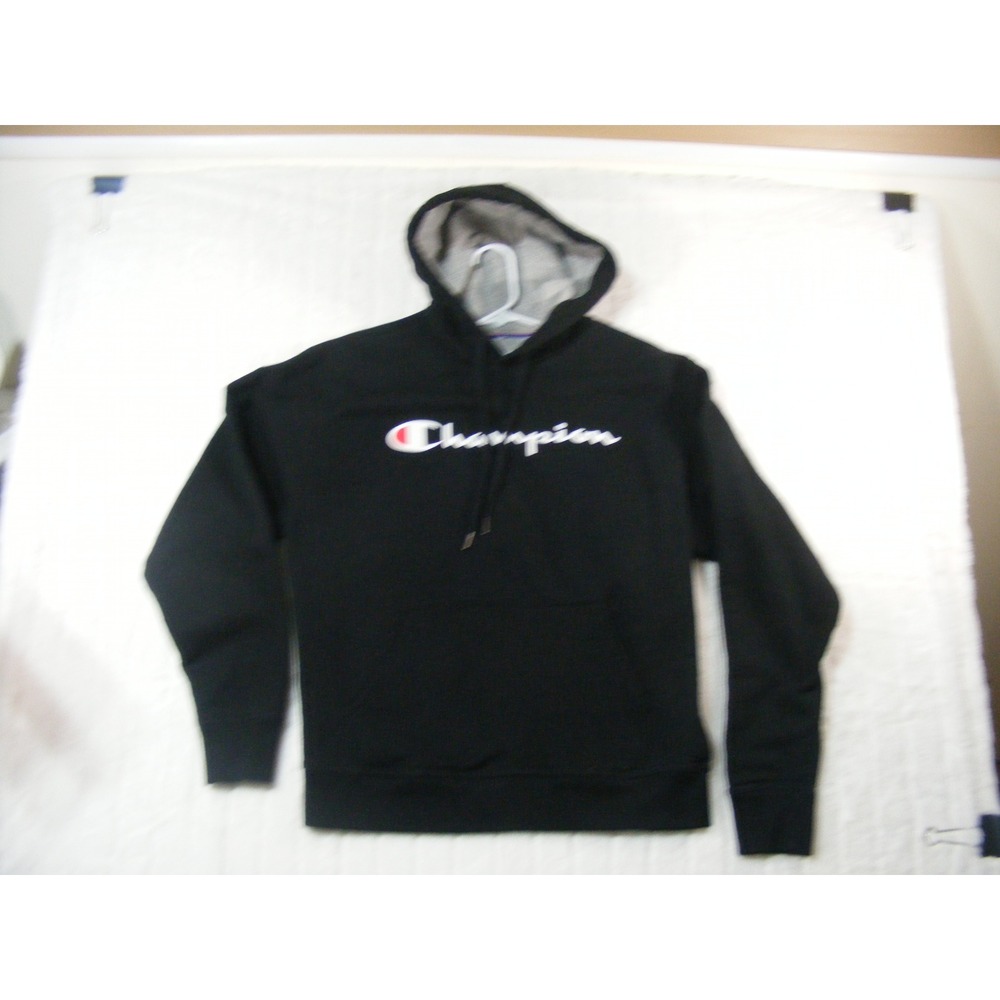 Champion Hoodie Mens Size M Black Excellent Script Logo Pullover Sweatshirt